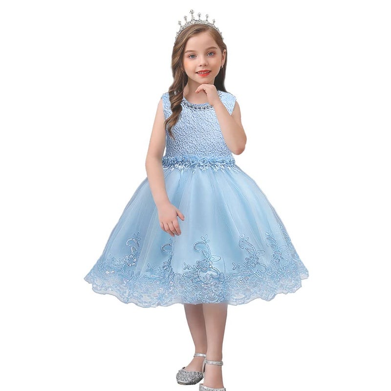 DreamHigh Flower Girl's Floral-Embroidered Pearl Embellished Evening Dress Up Sky Blue - 4Y - Image 2